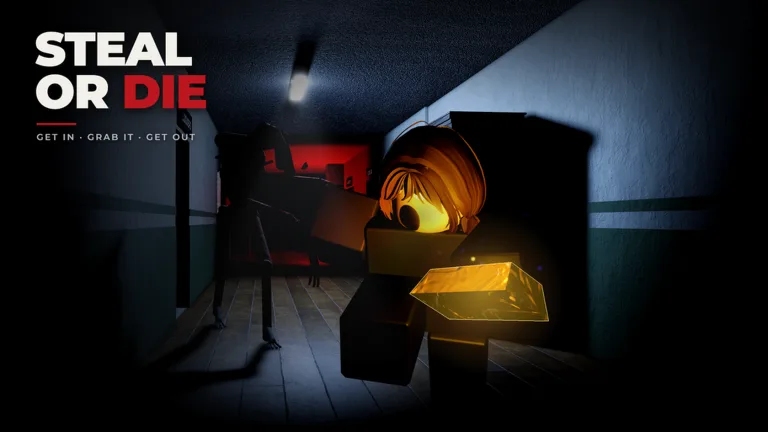 Official Steal Or Die key art of a looter carrying a gold bar down a dark corridor while a tall entity waits by the glowing exit
