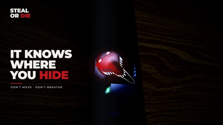 Official Steal Or Die hiding-themed artwork with a red demonic entity face and the warning it knows where you hide