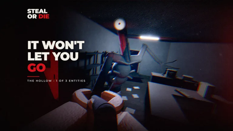 Official Steal Or Die artwork of The Hollow, a tall pale entity crawling over office furniture in a dark workspace