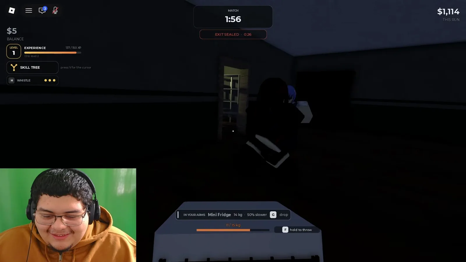 Carrying the mini fridge in Steal Or Die, an item that makes you fifty percent slower